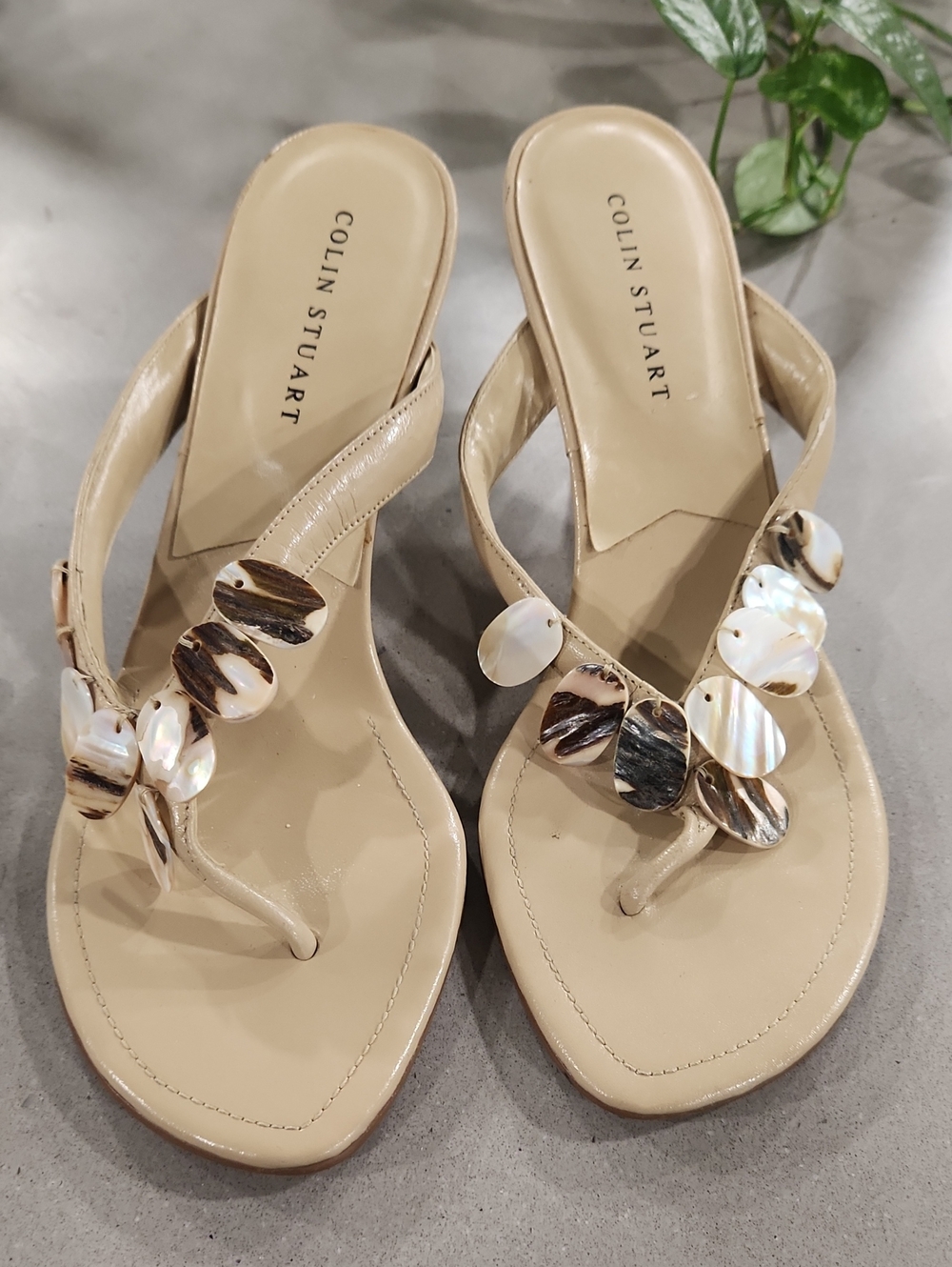 Colin Stuart Nude Patent Thong Sandals with Shell Accents